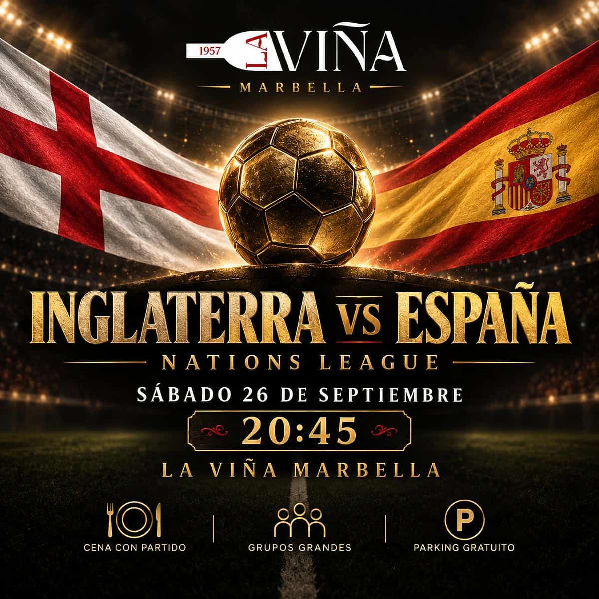 Cartel de Inglaterra vs España de la Nations League en La Viña Marbella, anunciado para el sábado 26 de septiembre a las 20:45.