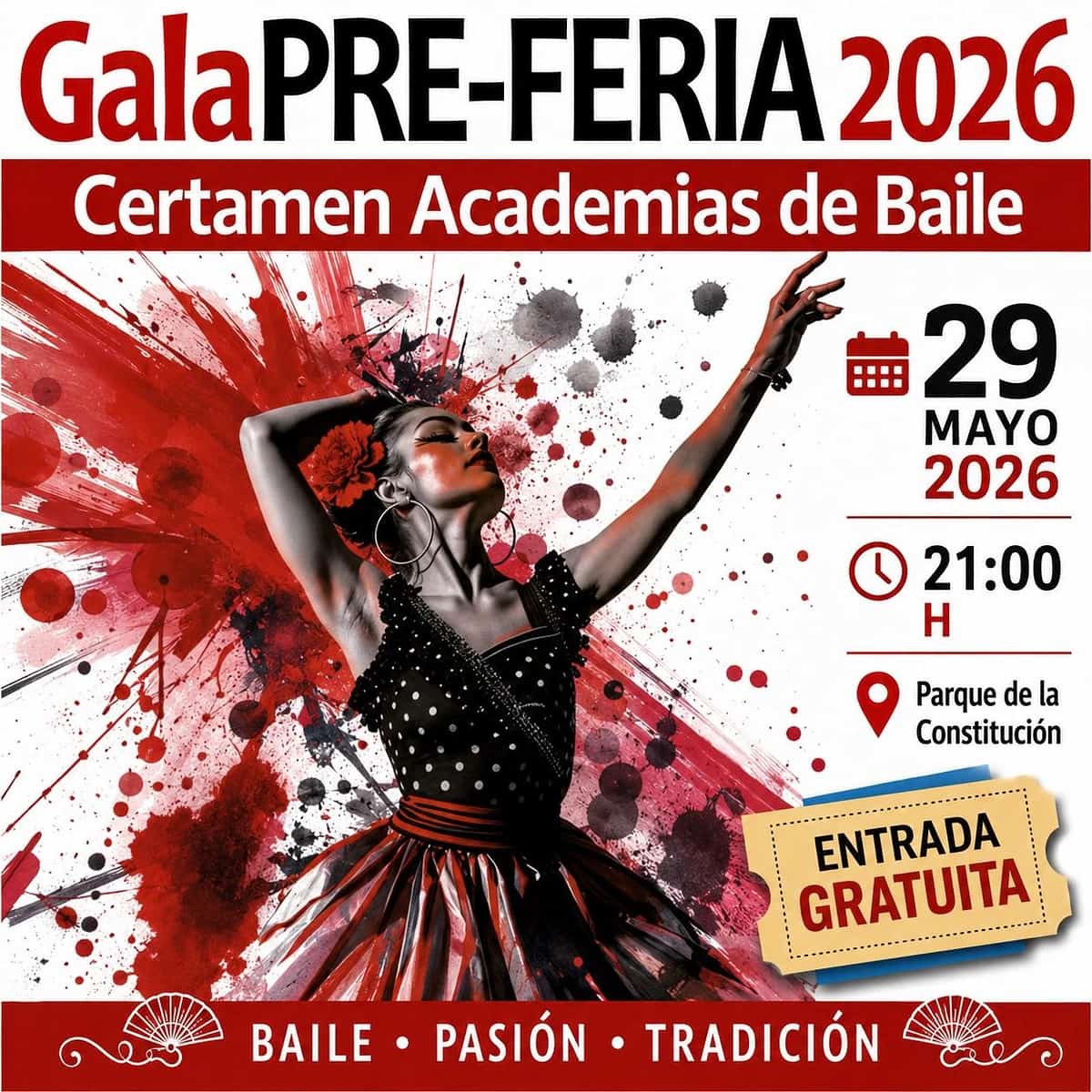 Cartel de la Gala Pre-Feria 2026 en Marbella, certamen de academias de baile el 29 de mayo en el Parque de la Constitución.