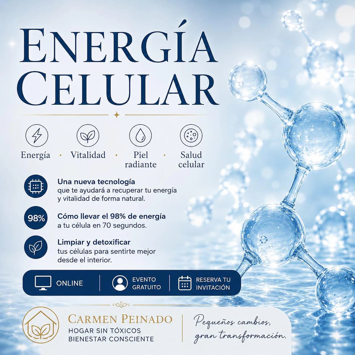 Cartel de evento online de Carmen Peinado sobre energía celular, vitalidad, detox celular, bienestar consciente y apoyo celular con estética verde natural.