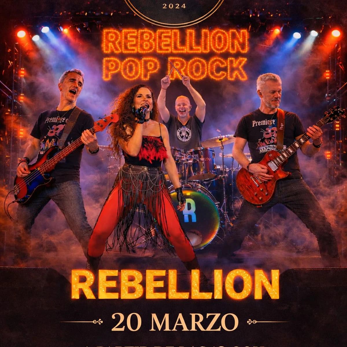 Banda Rebellion tocando pop rock en directo sobre el escenario durante un concierto promocionado por Boulebar Café con luces de escenario y público.