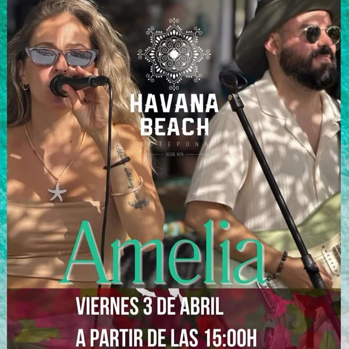 Evento de música en vivo en Havana Beach Estepona con Amelia actuando en una fiesta de playa el 3 de abril