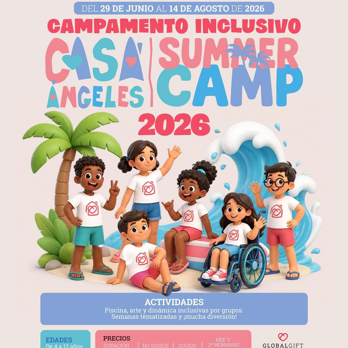 Cartel del Campamento Inclusivo Casa Ángeles Summer Camp 2026 con niños, palmera, ola y datos del campamento de verano inclusivo en Marbella.