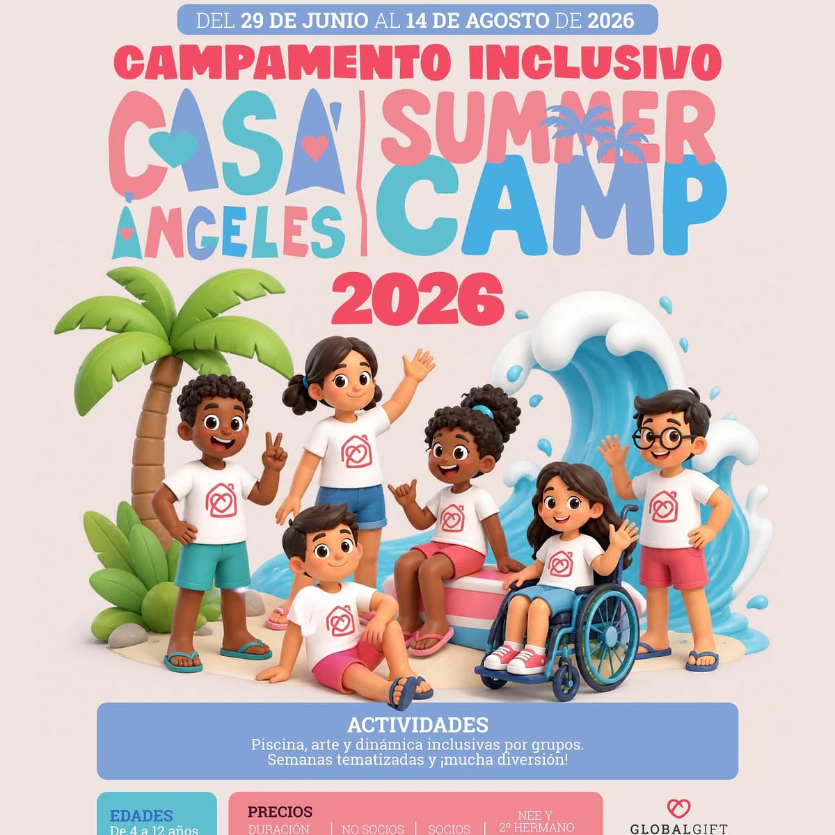 Cartel del Campamento Inclusivo Casa Ángeles Summer Camp 2026 con niños, palmera, ola y datos del campamento de verano inclusivo en Marbella.
