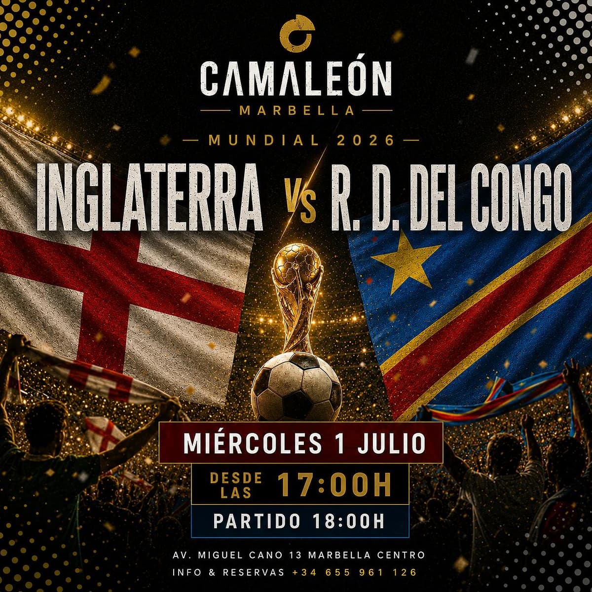Cartel de retransmisión en directo de Inglaterra vs República Democrática del Congo en el Mundial 2026 con ambiente de fútbol internacional y plan de tarde en Marbella centro.