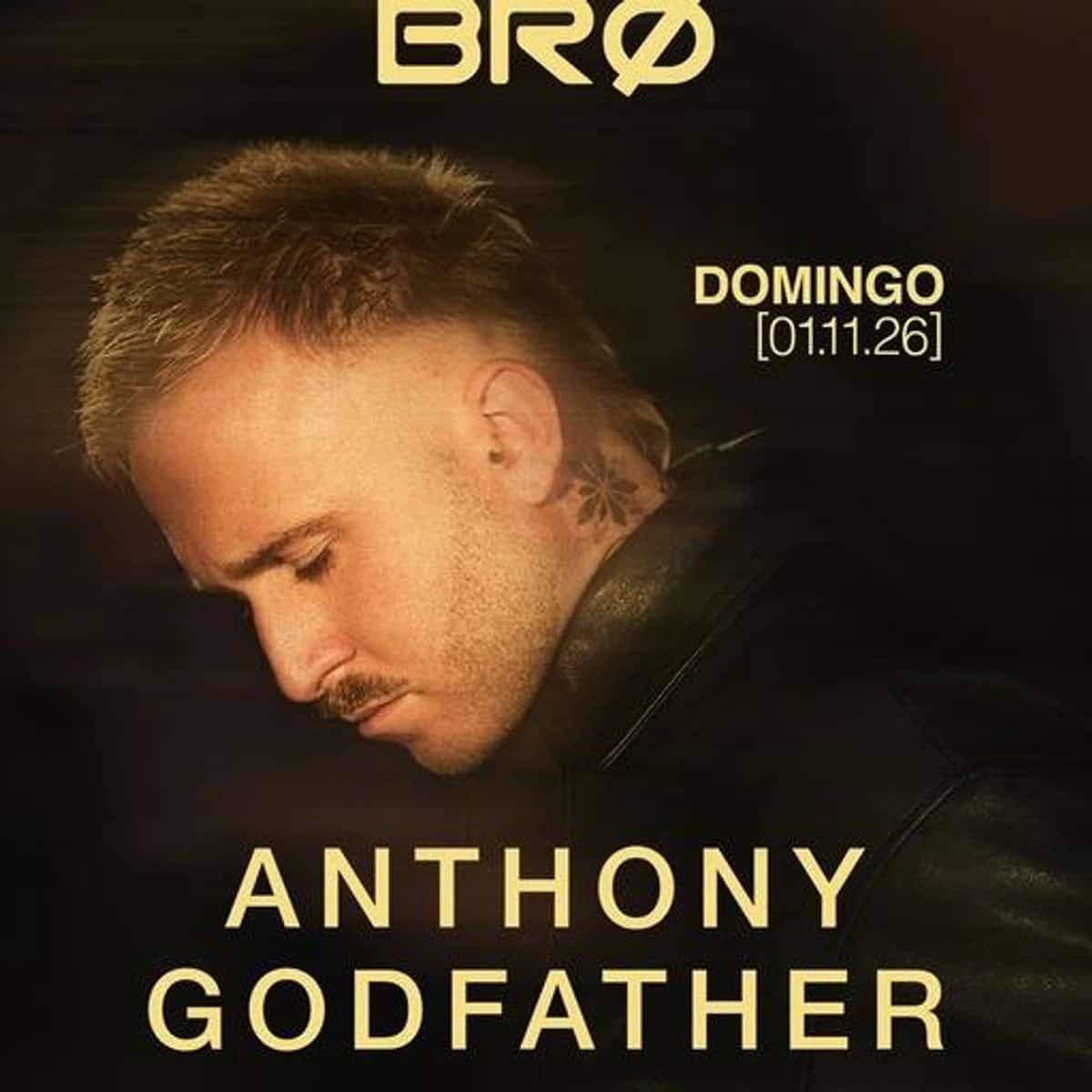 Retrato de Anthony Godfather sobre fondo negro y dorado en el cartel de su actuación del 1 de noviembre en BRØ Málaga.