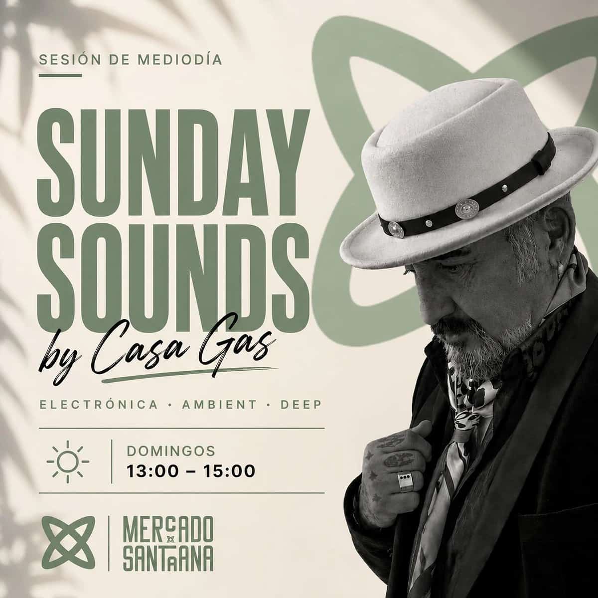 Sesión dominical de Casa Gas en Mercado de Santa Ana con música electrónica ambient y ambiente relajado en Estepona.