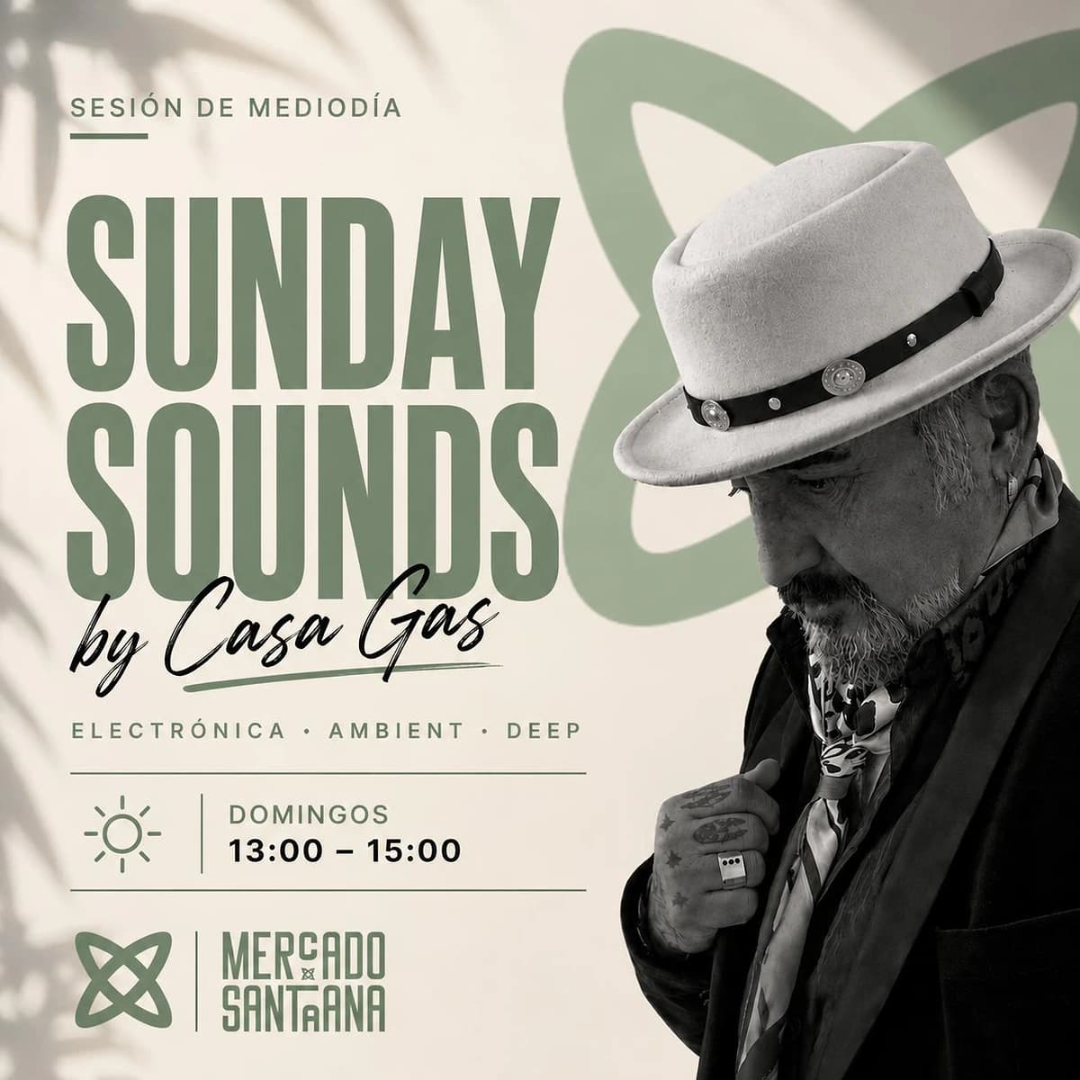 Sesión dominical de Casa Gas en Mercado de Santa Ana con música electrónica ambient y ambiente relajado en Estepona.