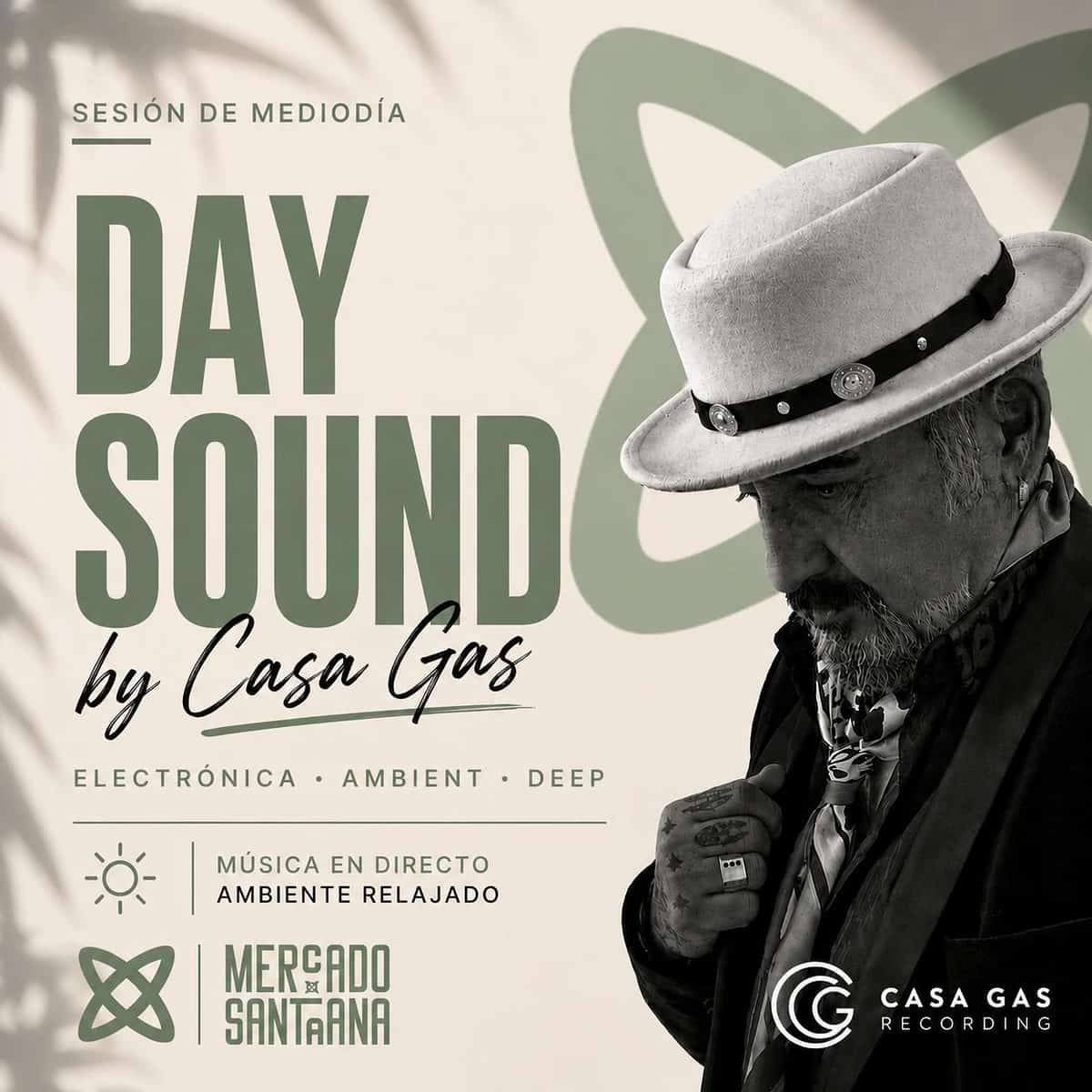 Cartel de Tardeo Sounds by Casa Gas en Mercado de Santa Ana, sesión de electrónica ambient y deep el jueves 14 en Estepona.