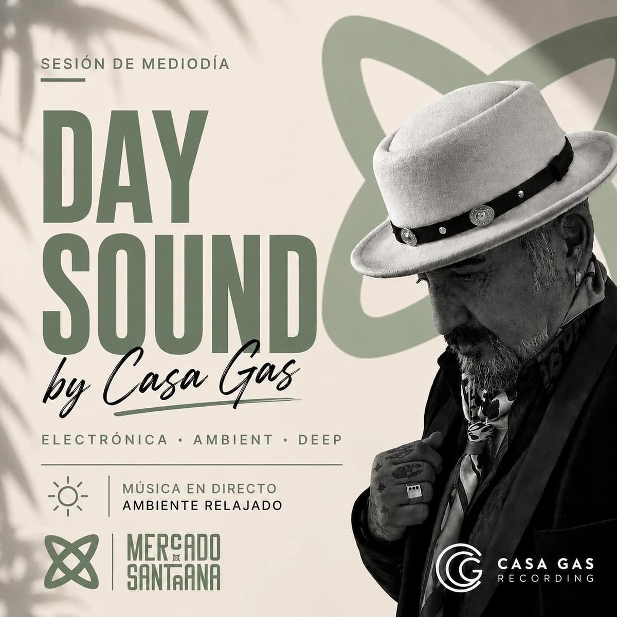 Cartel de Tardeo Sounds by Casa Gas en Mercado de Santa Ana, sesión de electrónica ambient y deep el jueves 14 en Estepona.
