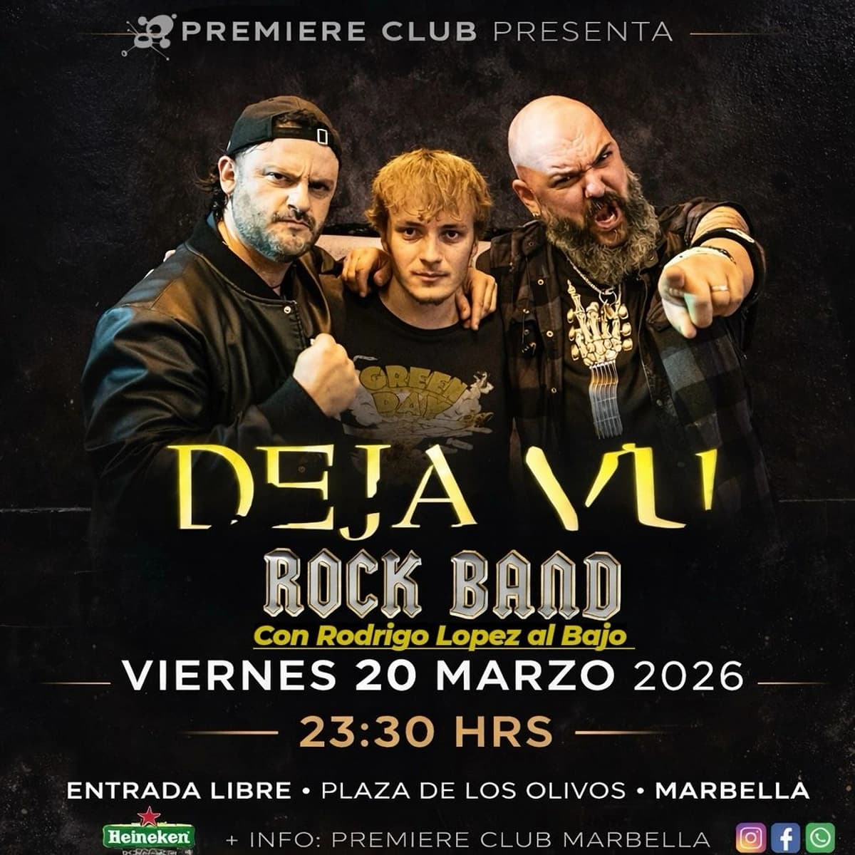 Cartel promocional de Deja Vu Rock Band en Premiere Club con tres miembros de la banda posando en primer plano sobre fondo oscuro. El concierto es el viernes 20 de marzo de 2026 a las 23:30 h, con entrada libre.