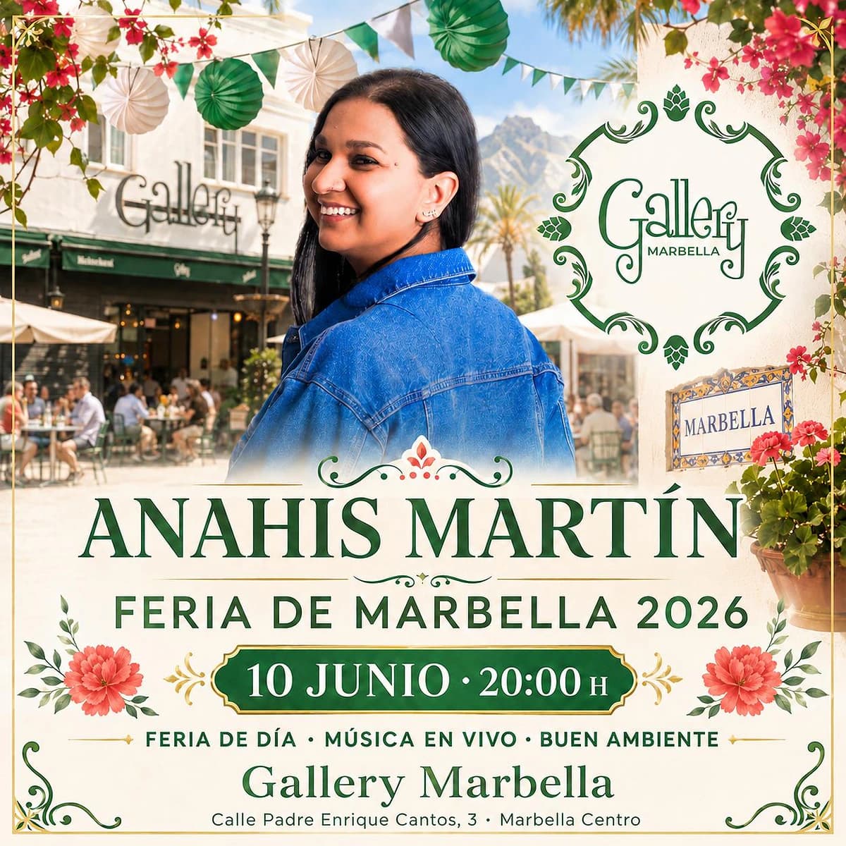 Cartel de Anahis Martín para la Feria de Marbella 2026 en Gallery Marbella, con actuación el 10 de junio a las 20:00 en Marbella centro.