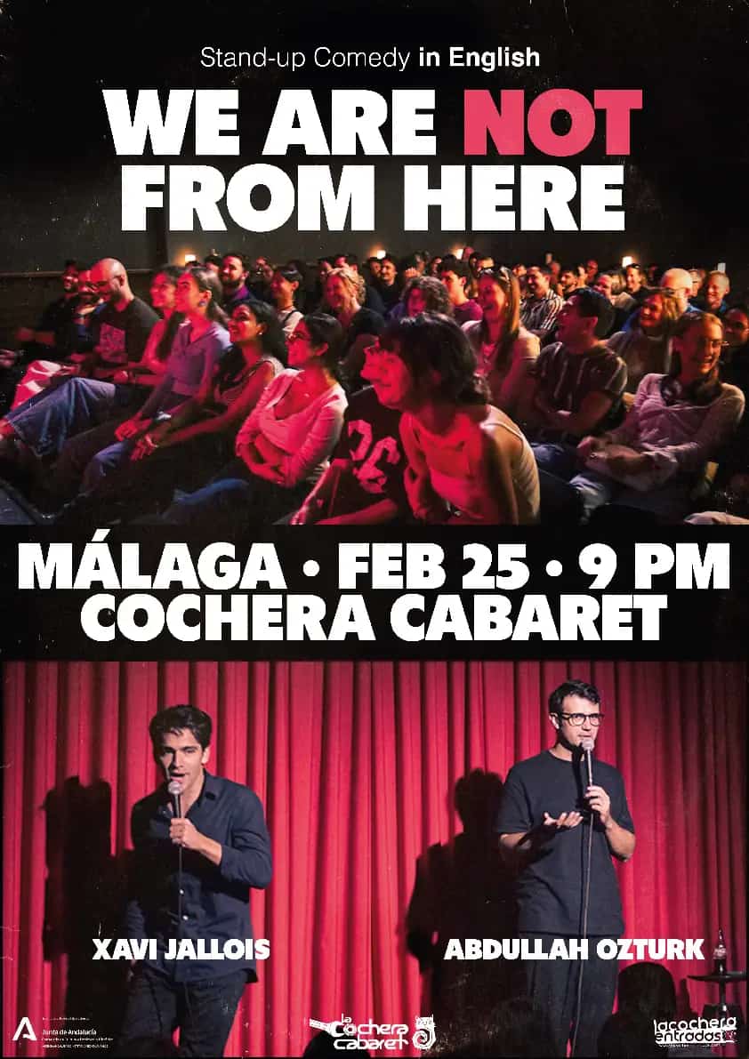 Xavi Jallois y Abdullah Ozturk actuando en el espectáculo de comedia No Somos de Aquí en Málaga 2026
