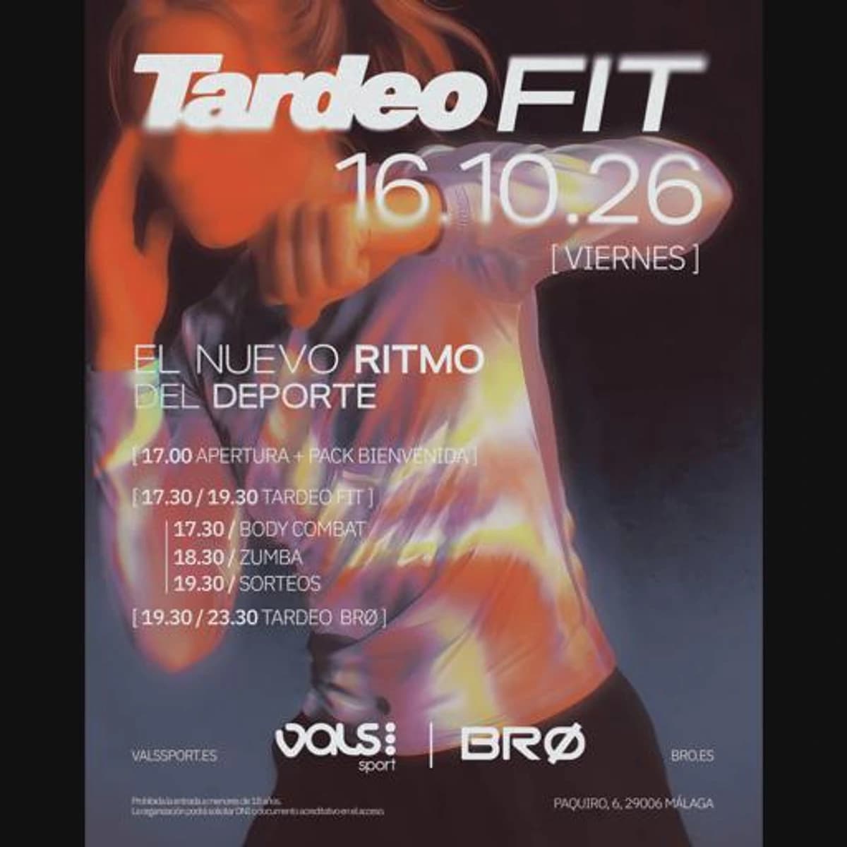 Cartel de Tardeo FIT by VALS SPORT en BRØ Málaga para el 16 de octubre, con una persona entrenando bajo luces naranjas y el programa BODYCOMBAT y ZUMBA.