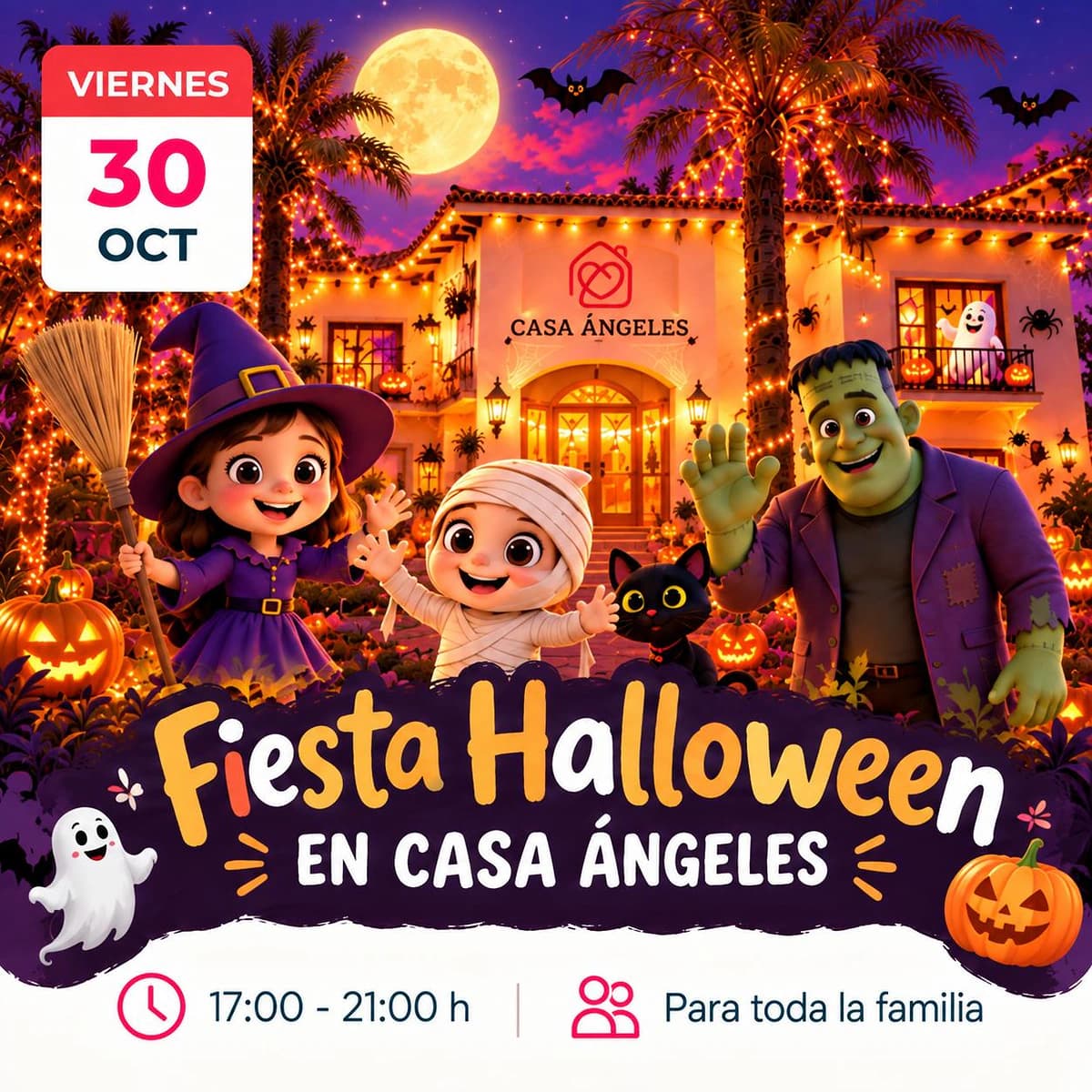 Cartel de la Fiesta Halloween en Casa Ángeles con niños disfrazados, personaje de Frankenstein, calabazas iluminadas y decoración nocturna de Halloween.
