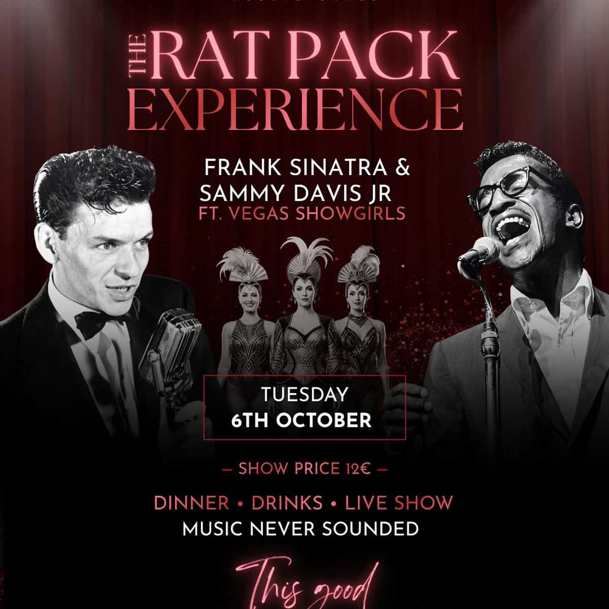 Cartel de The Rat Pack Experience en La Sala Puerto Banús con tributos a Frank Sinatra y Sammy Davis Jr., tres Vegas Showgirls y estética de cabaret clásica.
