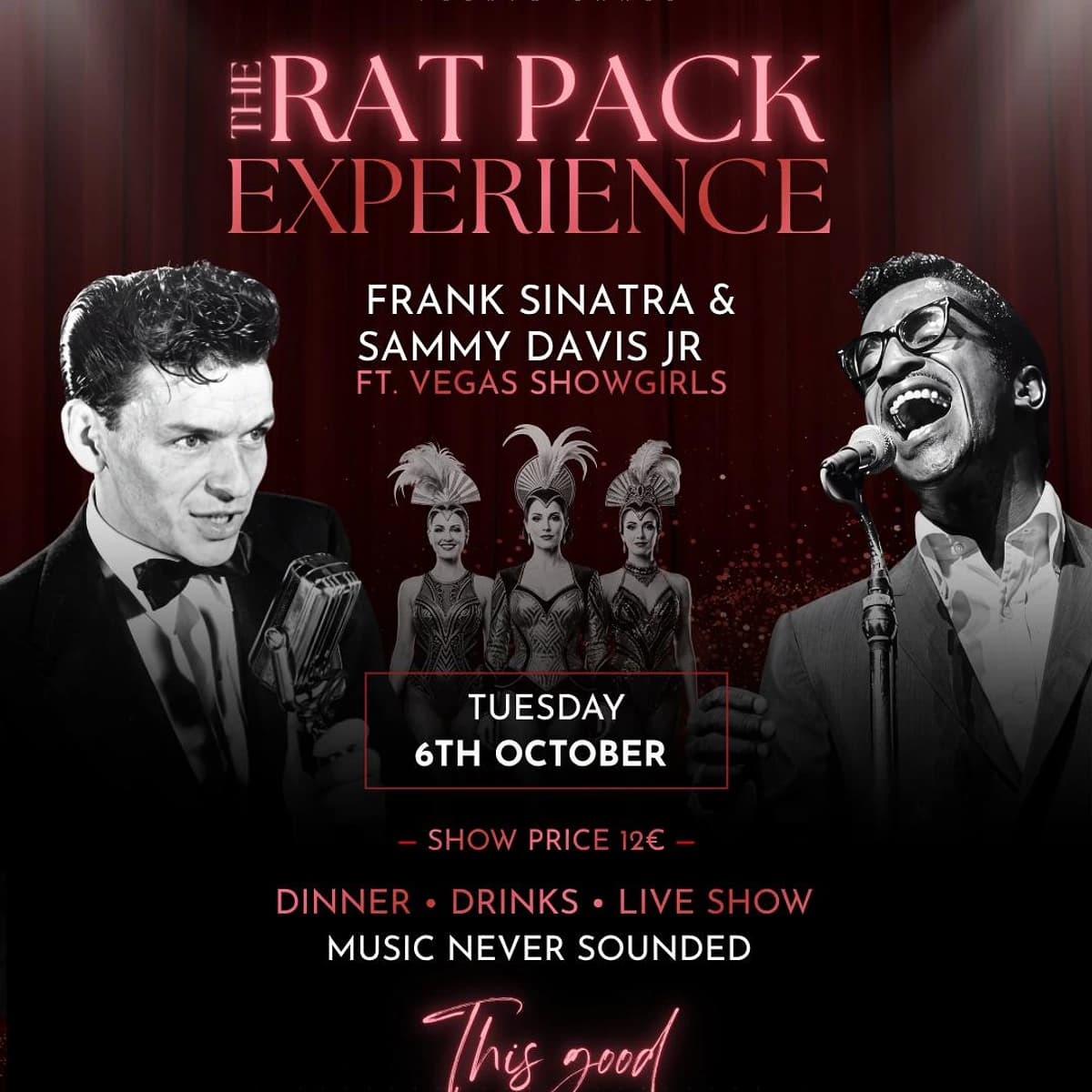 Cartel de The Rat Pack Experience en La Sala Puerto Banús con tributos a Frank Sinatra y Sammy Davis Jr., tres Vegas Showgirls y estética de cabaret clásica.