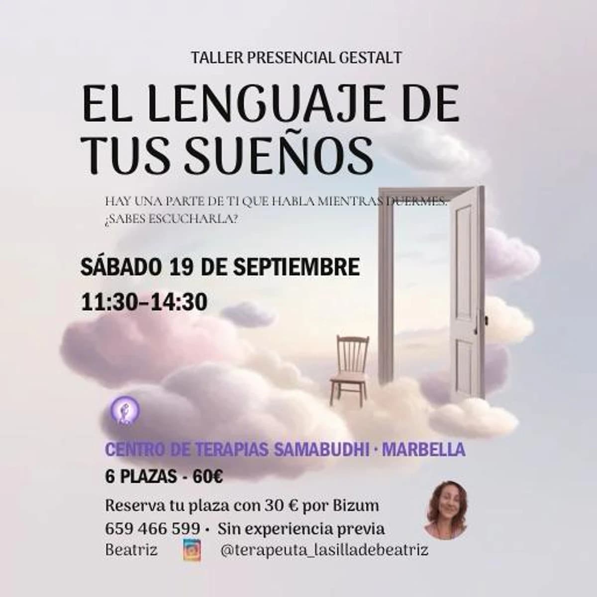 Cartel del taller presencial Gestalt “El lenguaje de tus sueños”, con una puerta abierta y una silla entre nubes, impartido por Beatriz en Samabudhi Center Marbella.