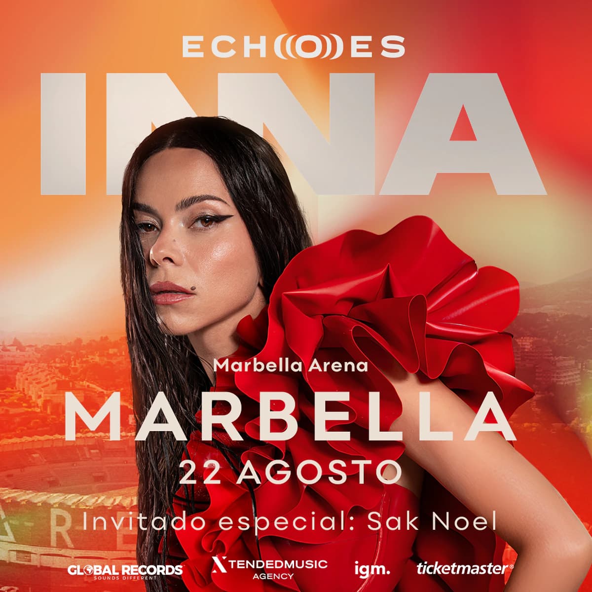 Cartel del concierto de INNA en Marbella para el Echoes Tour. Flyer oficial del evento de música en vivo de la estrella pop internacional. Información de fechas y entradas.