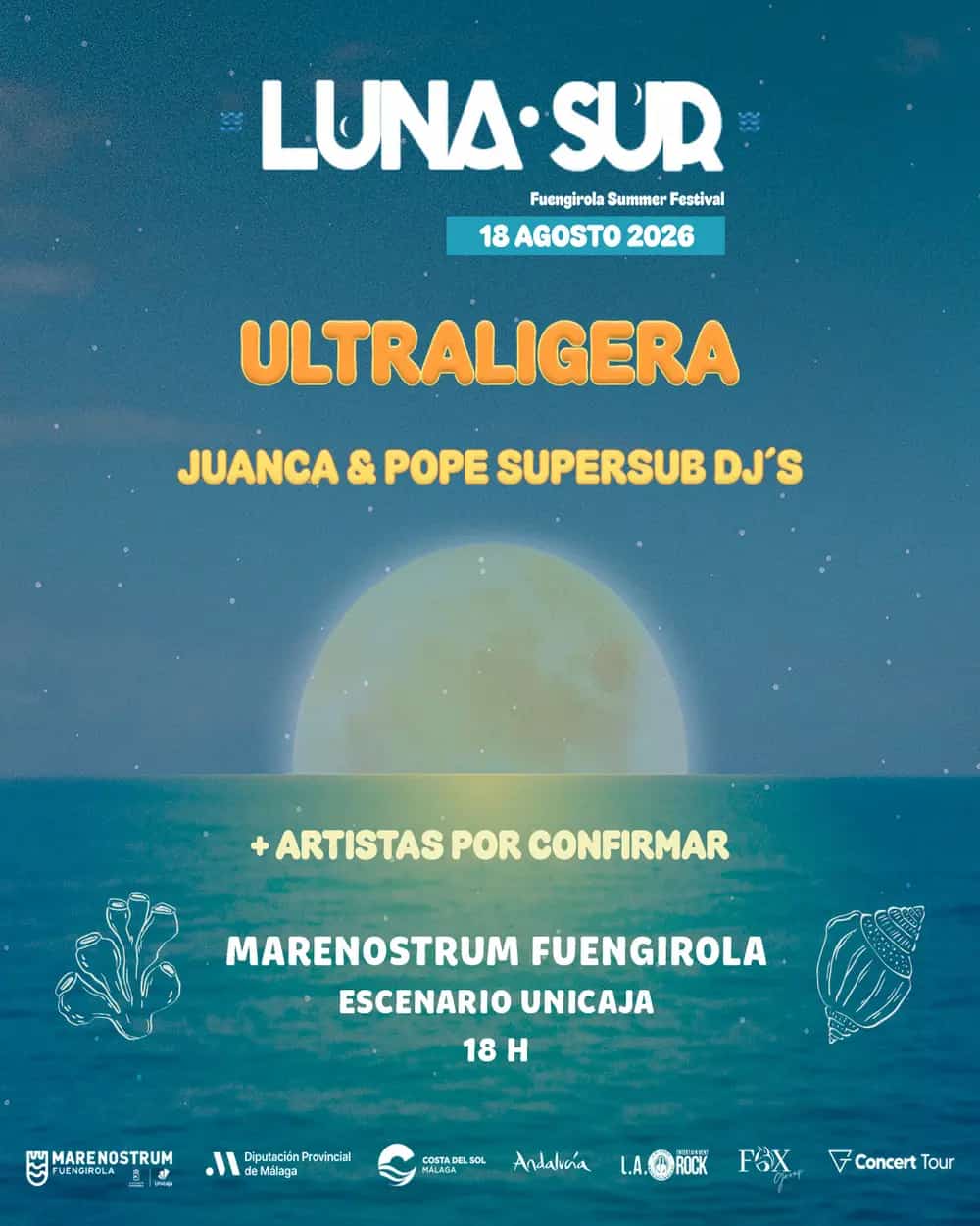 Cartel del festival Luna Sur Tardeo con Ultraligera y los DJs Juanca y Pope Supersub