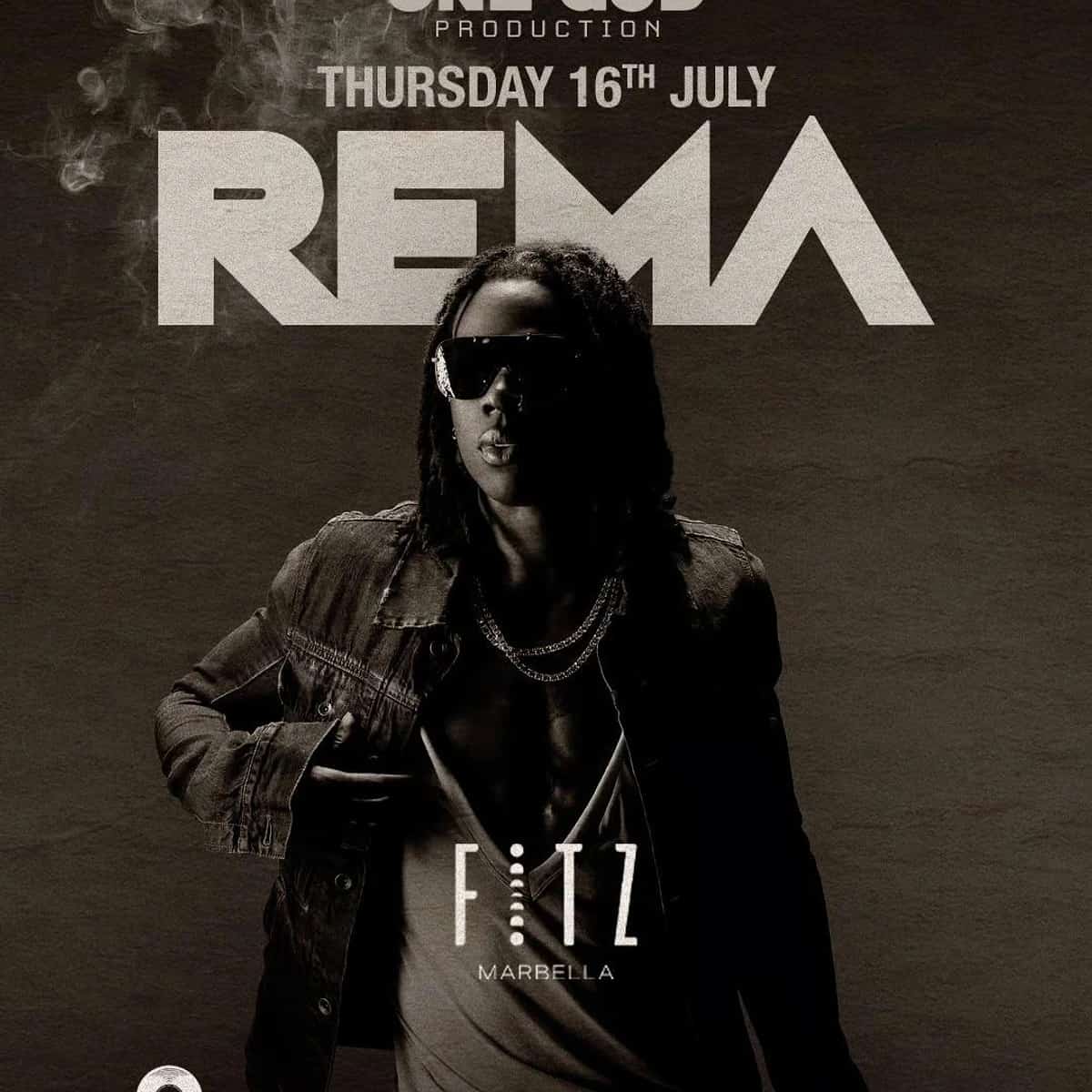 Cartel de Rema en FITZ Marbella para el jueves 16 de julio, evento +18 de Afrobeats y Afrorave con estética de club nocturno internacional.