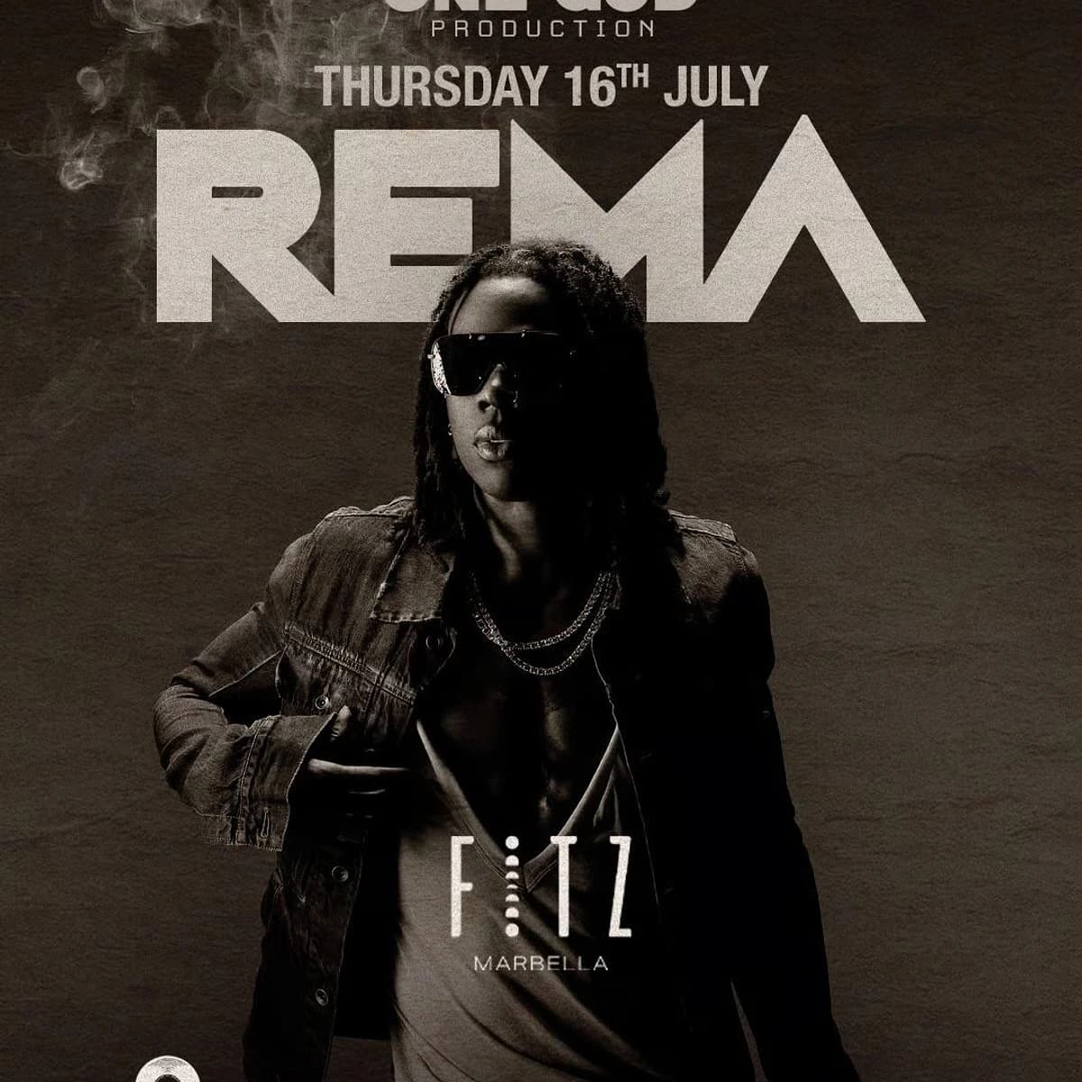 Cartel de Rema en FITZ Marbella para el jueves 16 de julio, evento +18 de Afrobeats y Afrorave con estética de club nocturno internacional.
