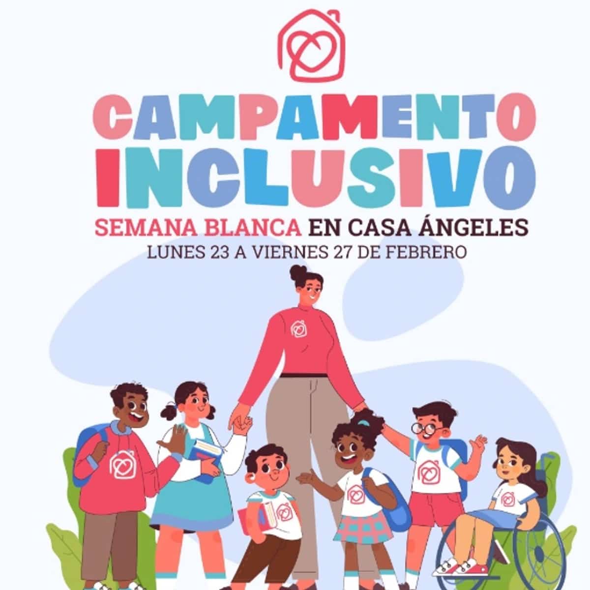 Ilustración de campamento inclusivo infantil donde varios niños y niñas diversos, incluyendo una niña en silla de ruedas, aparecen junto a una monitora. Cartel promocional Campamento Inclusivo Semana Blanca Casa Ángeles Marbella con enfoque en inclusión infantil, educación y actividades adaptadas.
