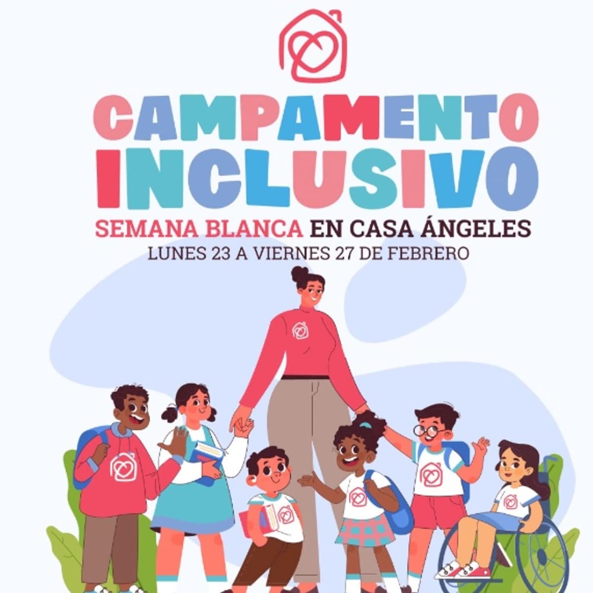 Ilustración de campamento inclusivo infantil donde varios niños y niñas diversos, incluyendo una niña en silla de ruedas, aparecen junto a una monitora. Cartel promocional Campamento Inclusivo Semana Blanca Casa Ángeles Marbella con enfoque en inclusión infantil, educación y actividades adaptadas.
