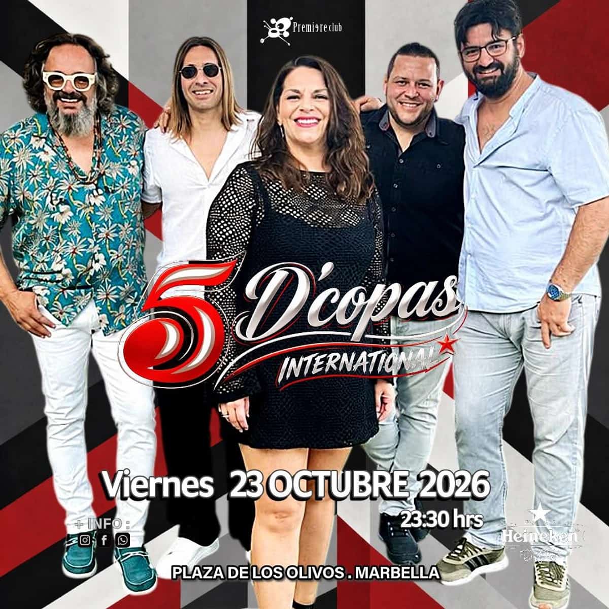 Cinco integrantes de 5 D'Copas International posan ante un fondo geométrico negro, blanco y rojo; el cartel anuncia el viernes 23 de octubre de 2026 a las 23:30 h en Marbella.