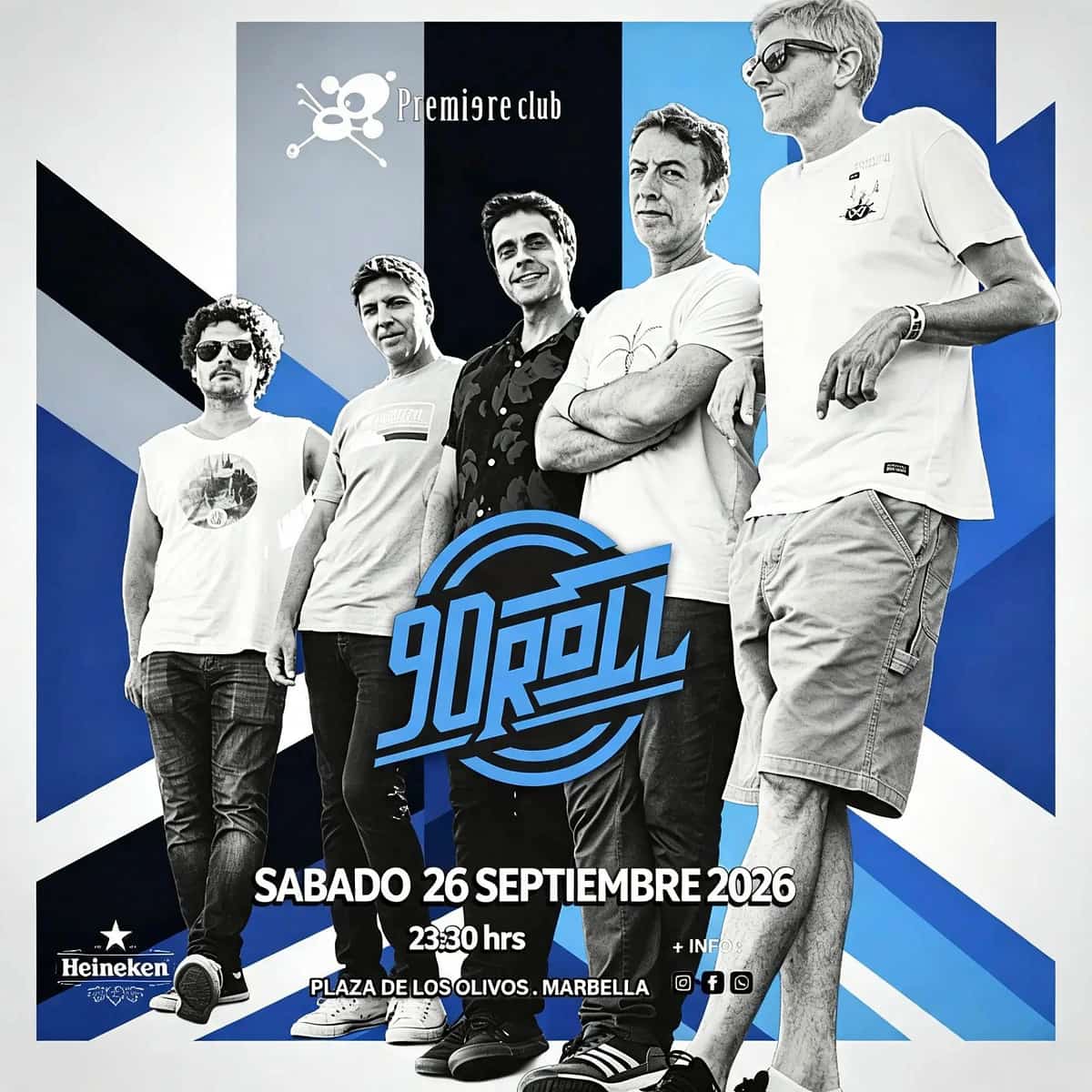 Cartel de 90Roll con cinco miembros de la banda en blanco y negro frente a un diseño geométrico azul, negro y blanco, anunciando el sábado 26 de septiembre de 2026 a las 23:30 h en Marbella.