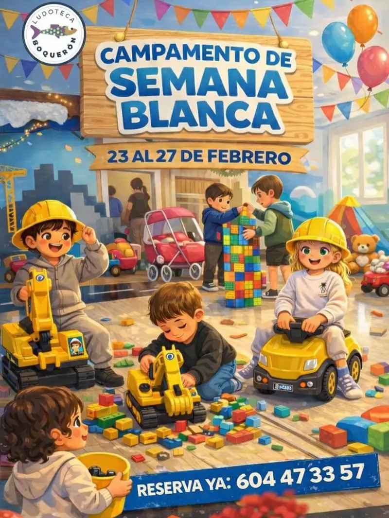 Campamento de Semana Blanca en la Ludoteca Boquerón de Marbella, con niños jugando y construyendo con bloques y juguetes educativos, del 23 al 27 de febrero.