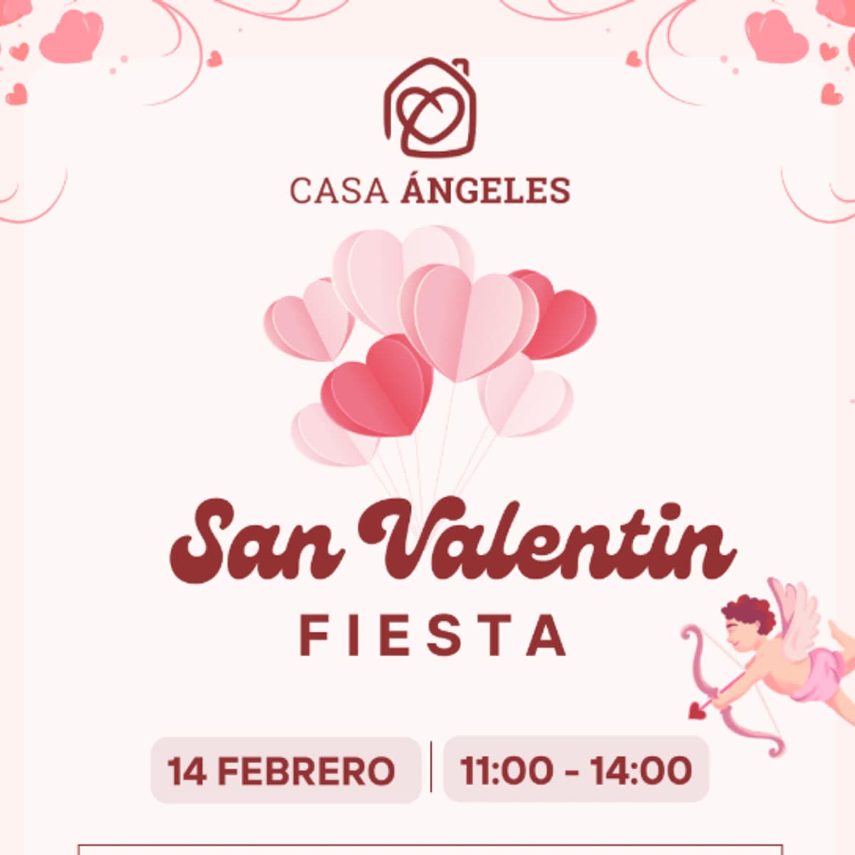 Cartel del evento Fiesta de San Valentín en Casa Ángeles Marbella, celebración familiar inclusiva con actividades creativas, talleres infantiles y encuentro especial para familias el 14 de febrero de 11:00 a 14:00 h, diseño con corazones y estilo infantil.