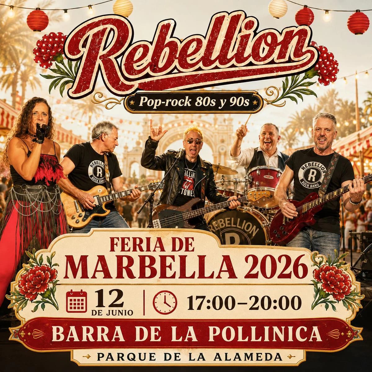 Cartel de Rebellion en la Feria de Marbella 2026, actuación de pop-rock 80s y 90s en la barra de La Pollinica en el Parque de la Alameda.