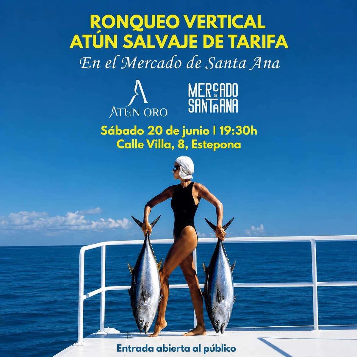 Cartel del ronqueo vertical de atún salvaje de Tarifa en Mercado Santa Ana Estepona, con entrada libre y degustación opcional de platos de atún.