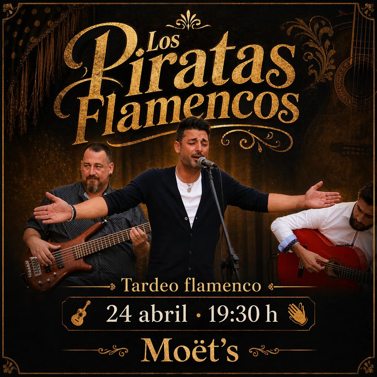 Cartel de Los Piratas Flamencos para un tardeo flamenco en Moet’s el 24 de abril de 2026 a las 19:30, con música en directo y ambiente festivo.
