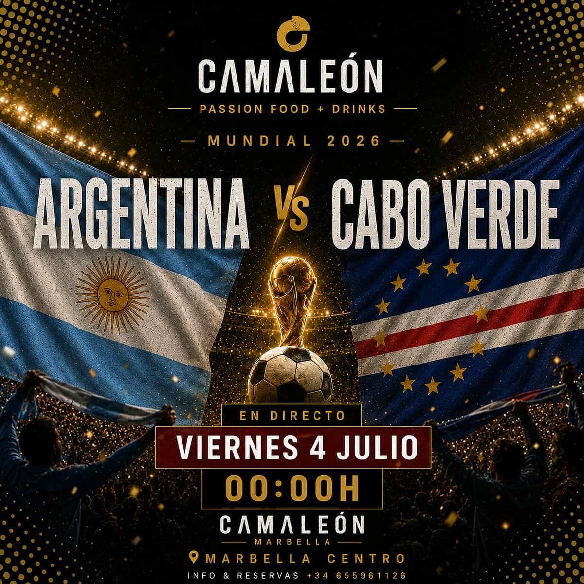 Cartel de retransmisión en directo de Argentina vs Cabo Verde en el Mundial 2026 con ambiente de fútbol internacional y plan de madrugada en Marbella centro.