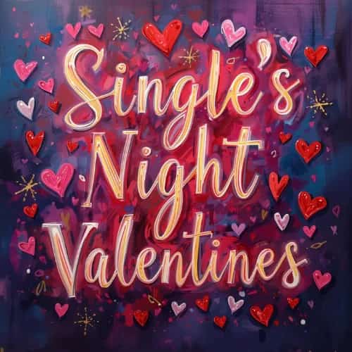 Cartel del evento Singles Night Valentine’s, con diseño colorido lleno de corazones y mensaje romántico para una noche de solteros.