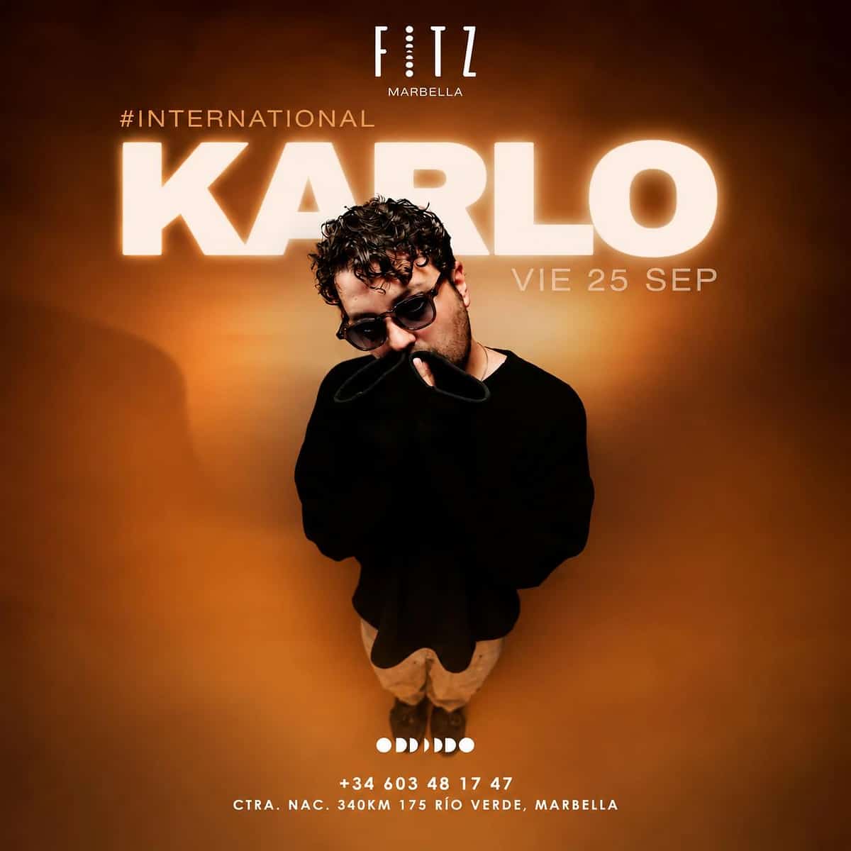 Cartel de Karlo International en FITZ Marbella para el 25 de septiembre, con DJ Karlo vestido de negro sobre fondo naranja y logo de FITZ.