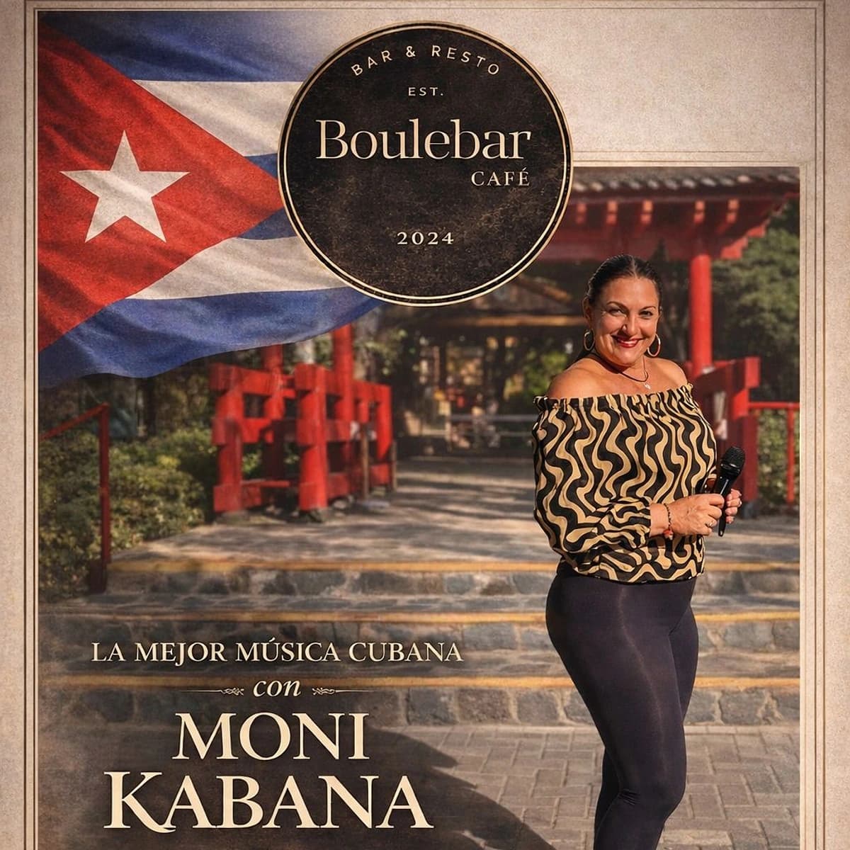 Cartel del concierto de Moni Kabana con música cubana en directo en Boulebar Café en San Pedro Alcántara Marbella.