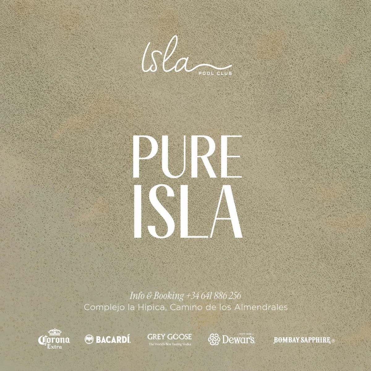 Cartel de PURE ISLA en tonos beige con logotipo de Isla Pool Club, nombre del evento, teléfono de reservas y marcas colaboradoras.