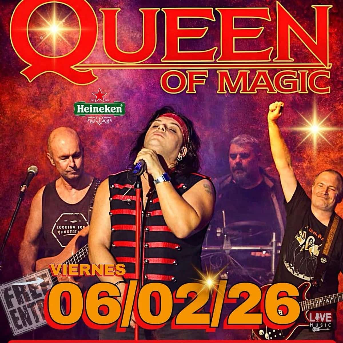 Tributo Queen of Magic en concierto de música rock en vivo en Premiere Club Marbella, espectáculo nocturno con banda tributo y entrada libre en Plaza de los Olivos.