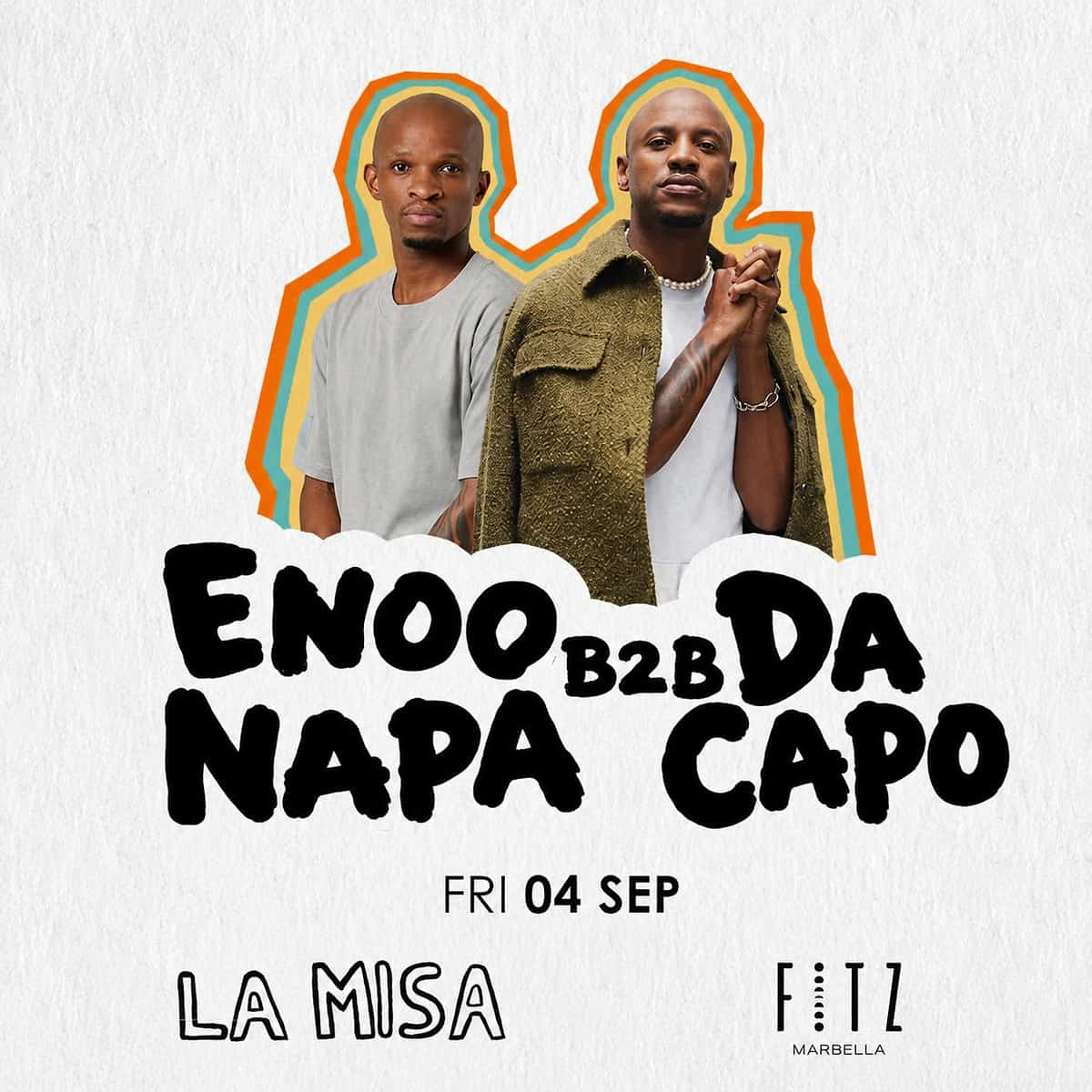 Cartel de Enoo Napa B2B Da Capo x La Misa en FITZ Marbella para el viernes 4 de septiembre, con fondo blanco texturizado, retrato de los dos DJs y tipografía negra grande.