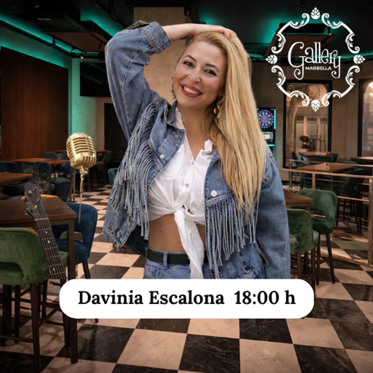 Cartel de Davinia Escalona en Gallery Marbella para el sábado 2 de mayo a las 18:00, con ambiente de tardeo, copas y música en directo en Marbella centro.