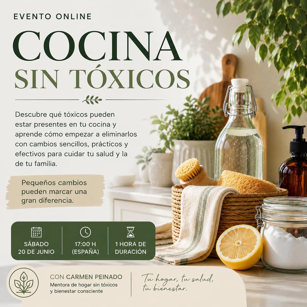 Cartel del evento online Cocina sin tóxicos de Carmen Peinado sobre hábitos saludables, bienestar y mejoras prácticas para una cocina más consciente.