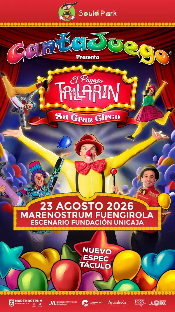 El Payaso Tallarín y su troupe actuando con fondo de circo colorido