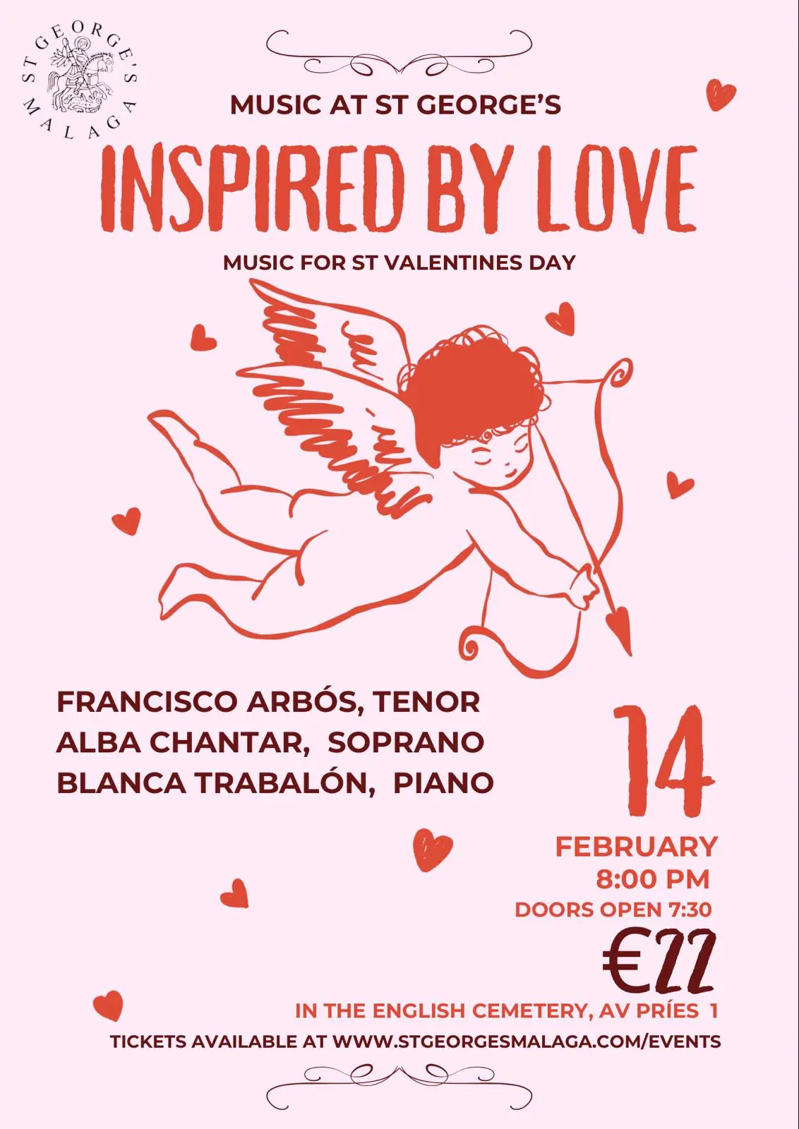 Cartel del concierto clásico “Inspired by Love” en St George’s Church Málaga, con ilustración romántica de Cupido y música especial para San Valentín.
