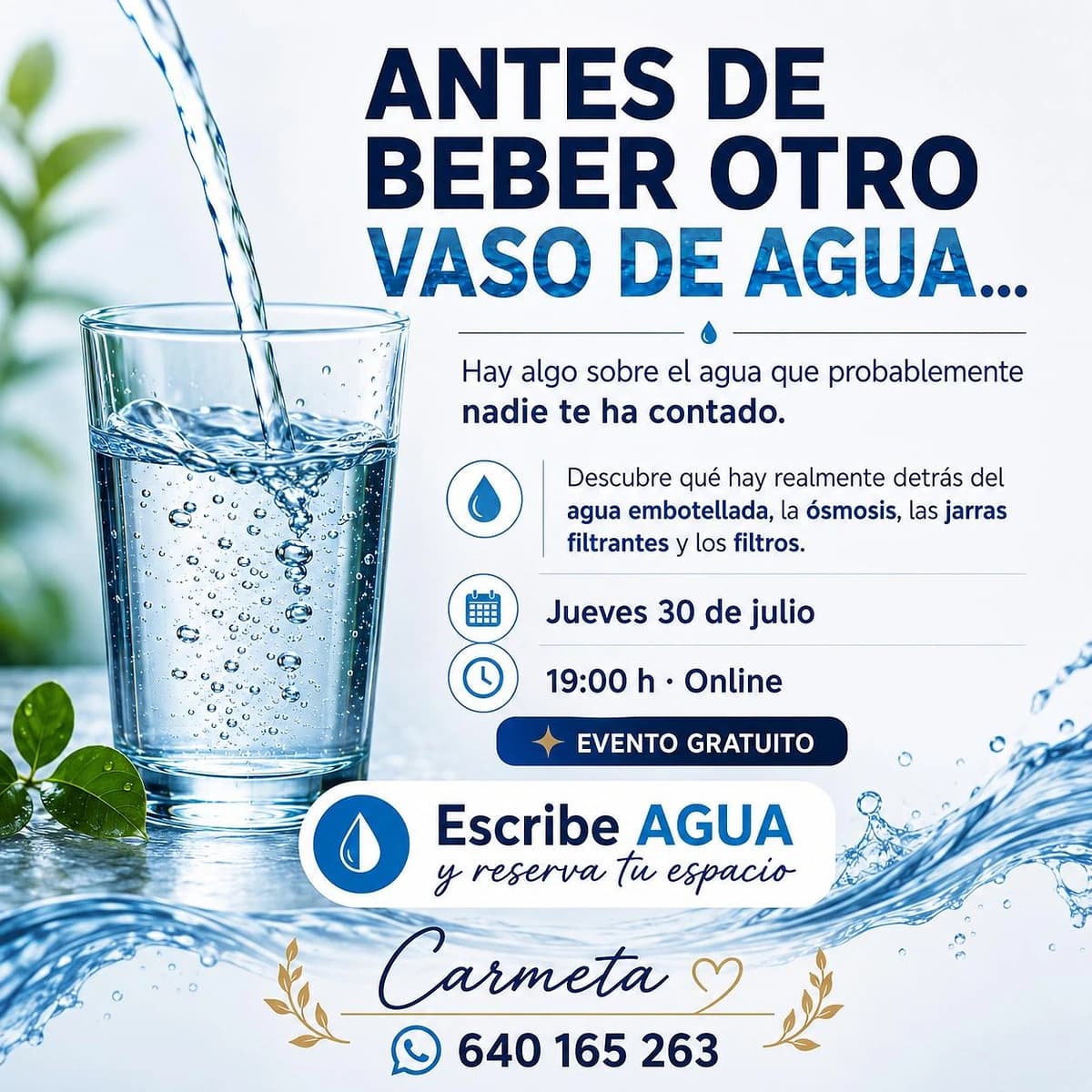 Cartel de evento online sobre el agua que bebemos, con un vaso llenándose, información sobre agua embotellada, ósmosis, jarras filtrantes y filtros.