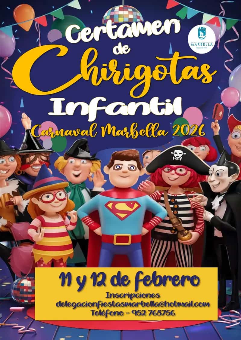 Cartel del Certamen de Chirigotas Infantil del Carnaval de Marbella 2026, con personajes infantiles disfrazados, anunciando el concurso los días 11 y 12 de febrero en Marbella, evento familiar del Carnaval.