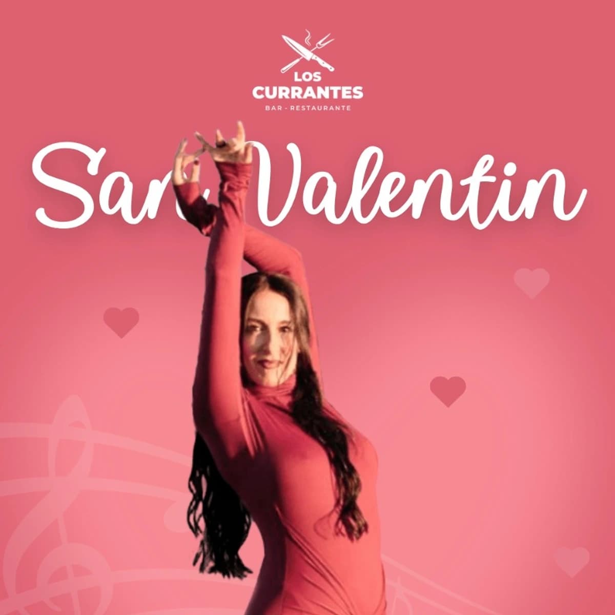 Cantante Eva Piñero con vestido rojo promocionando música en directo por San Valentín en Los Currantes Bar Restaurante desde las 22:00h.