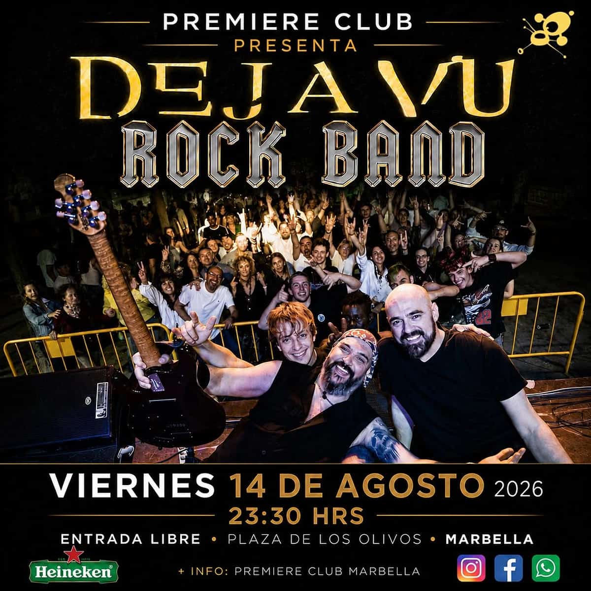 Cartel de Deja Vu Rock Band en Premiere Club Marbella con la banda y el público celebrando frente al escenario, el nombre del grupo en letras doradas y la fecha del viernes 14 de agosto de 2026 a las 23:30 h.