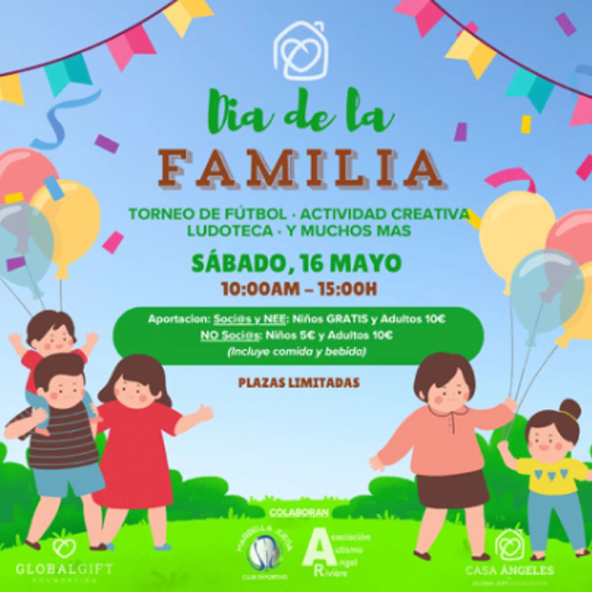 Cartel del Día de la Familia en Casa Ángeles con ilustraciones infantiles, globos y detalles de una jornada familiar en Marbella con fútbol, ludoteca y actividad creativa.